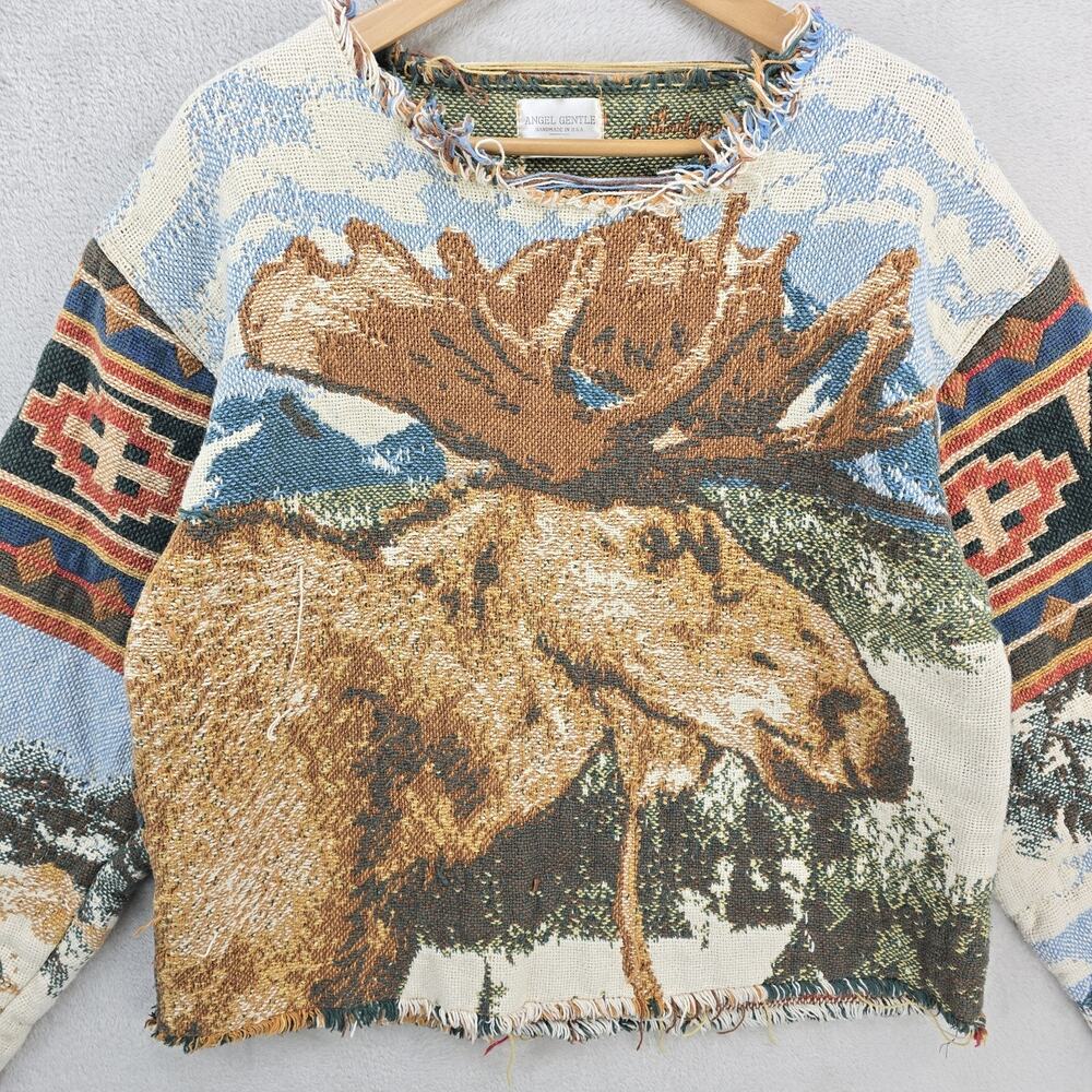 Angel Gentle Tapestry Knit Sweatshirt Mens Sz 10 Medium 21x23 Moose Aztec USA - Picture 3 of 8